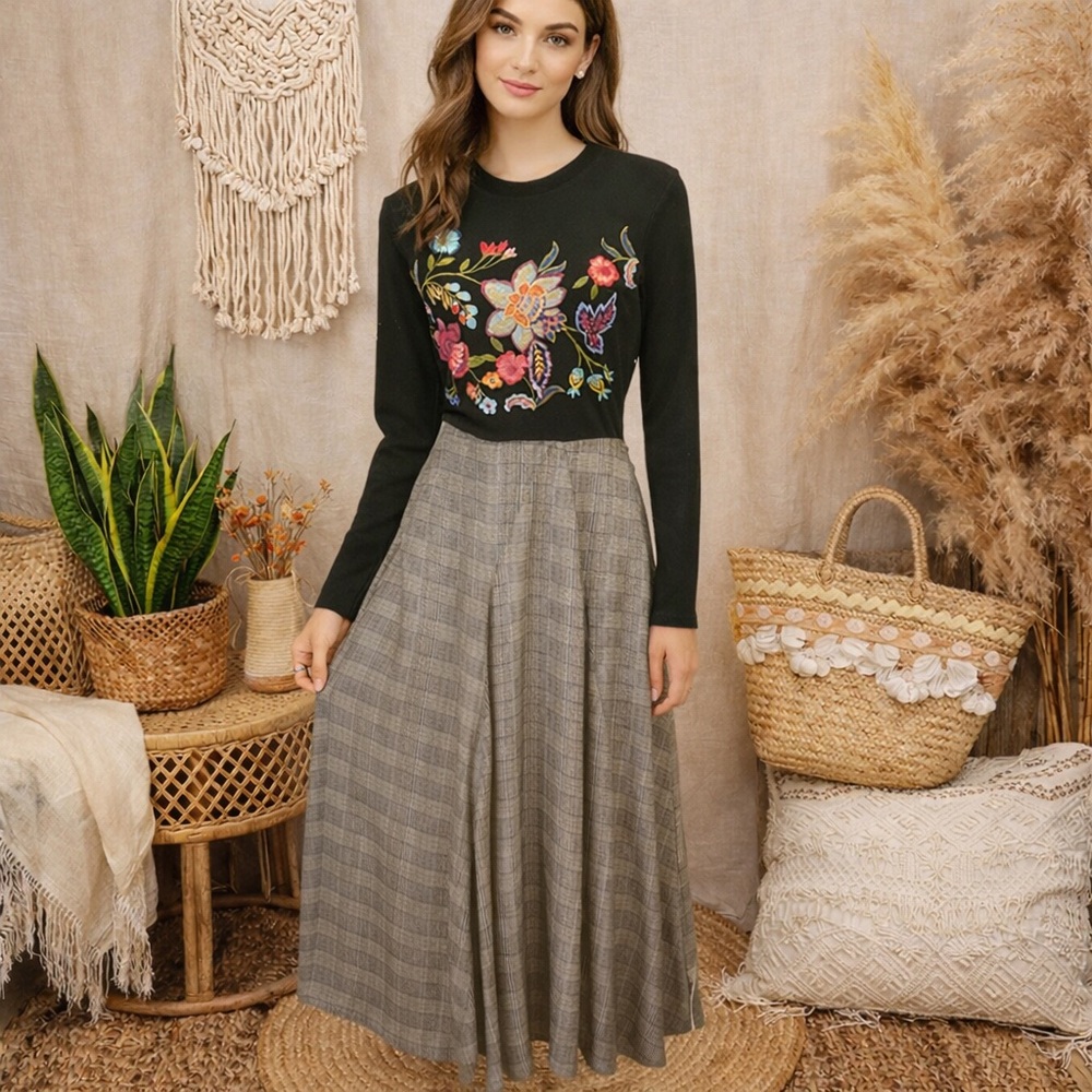 Johnny Was dress womens S Miriya Silk Plaid Mixed Media Embroidered Black Gray